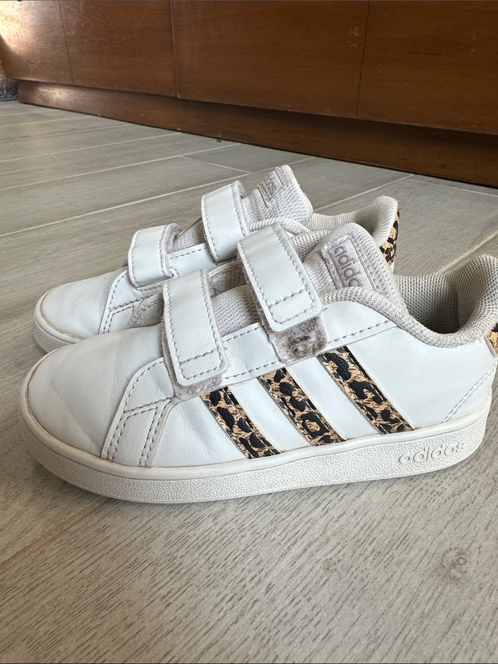 adidas Kids White Sneakers with Leopard-Print Stripes